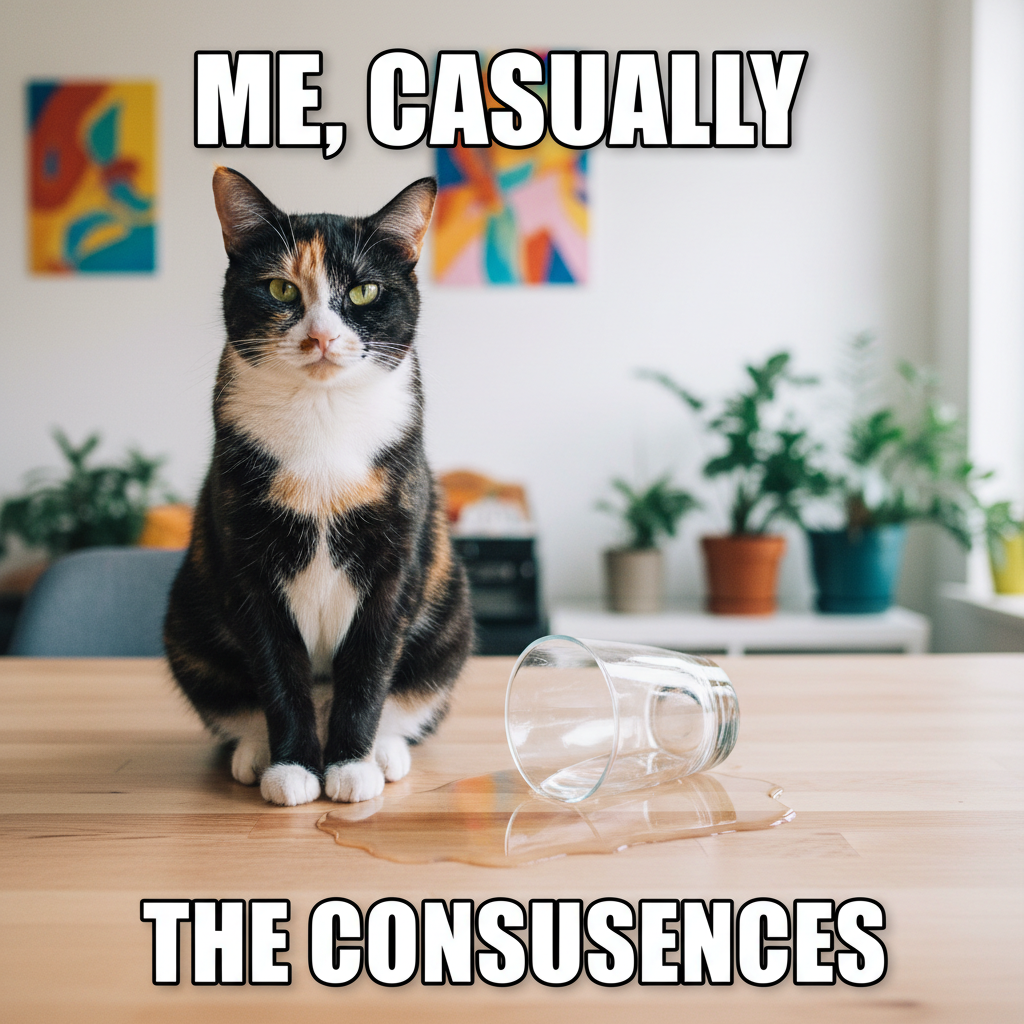 My cat just knocked over my water glass, stared me in the eye, and walked away. The audacity.