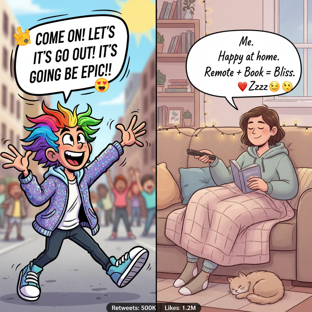 Extrovert: 'Let's go out!' Introvert: 'My couch has plans for me.'