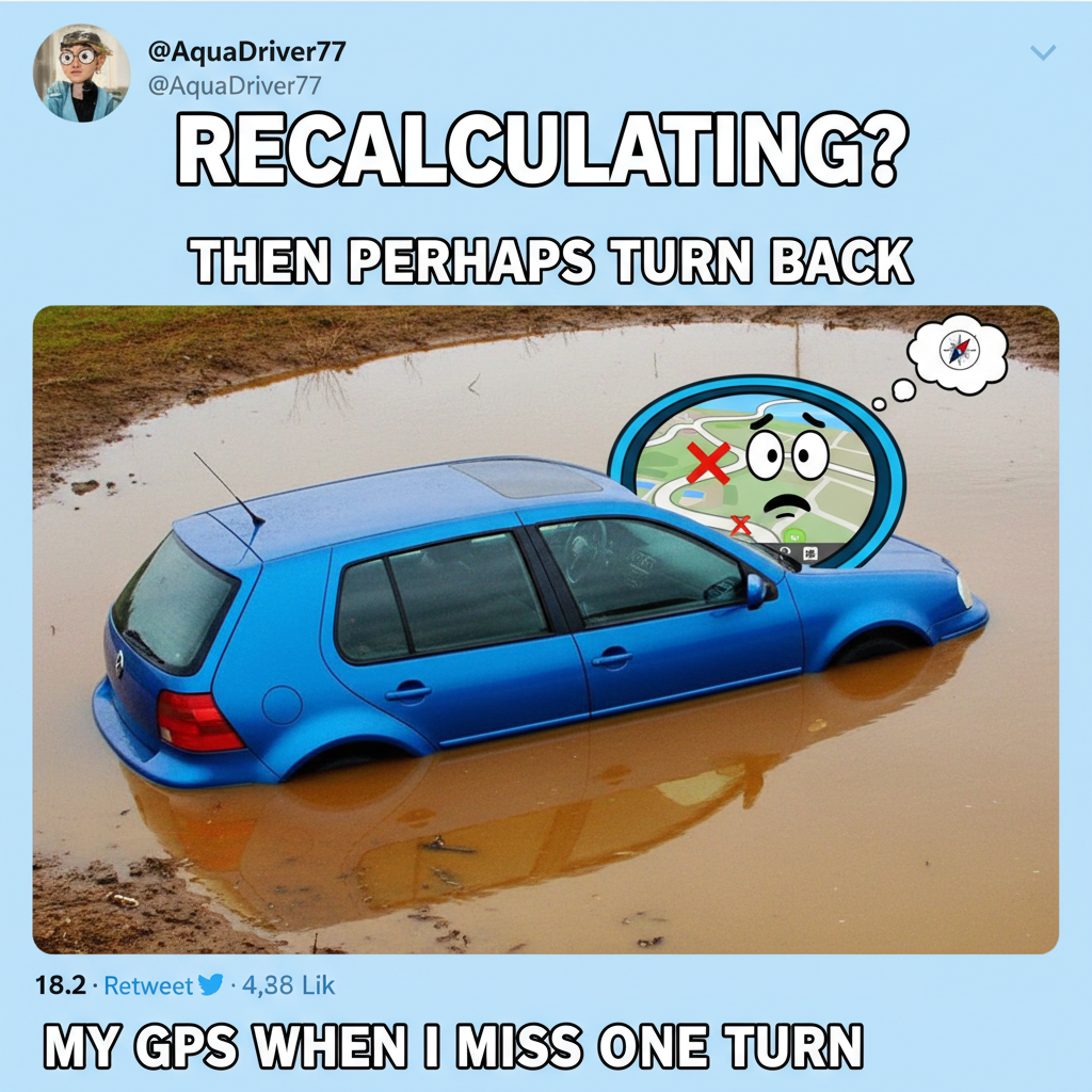 GPS said 'turn left in 500 feet.' My brain heard 'drive into that lake.' #RoadTripFails