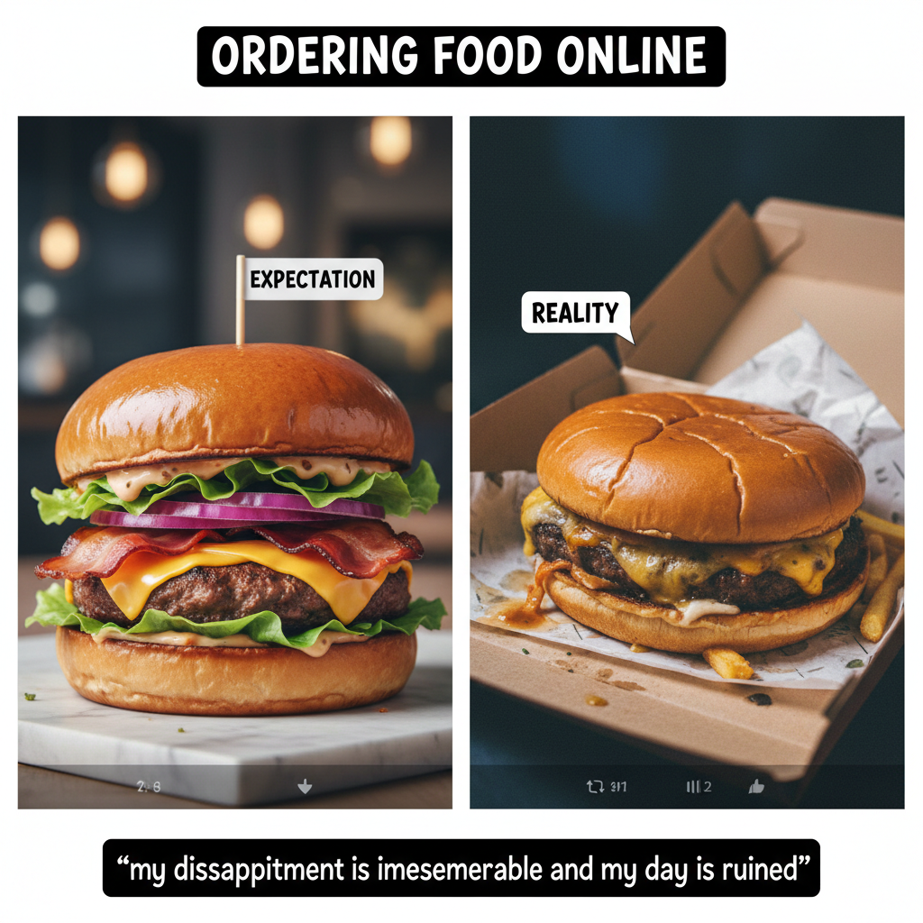 Ordered a gourmet burger. Got something that looks like it lost a fight with a truck.