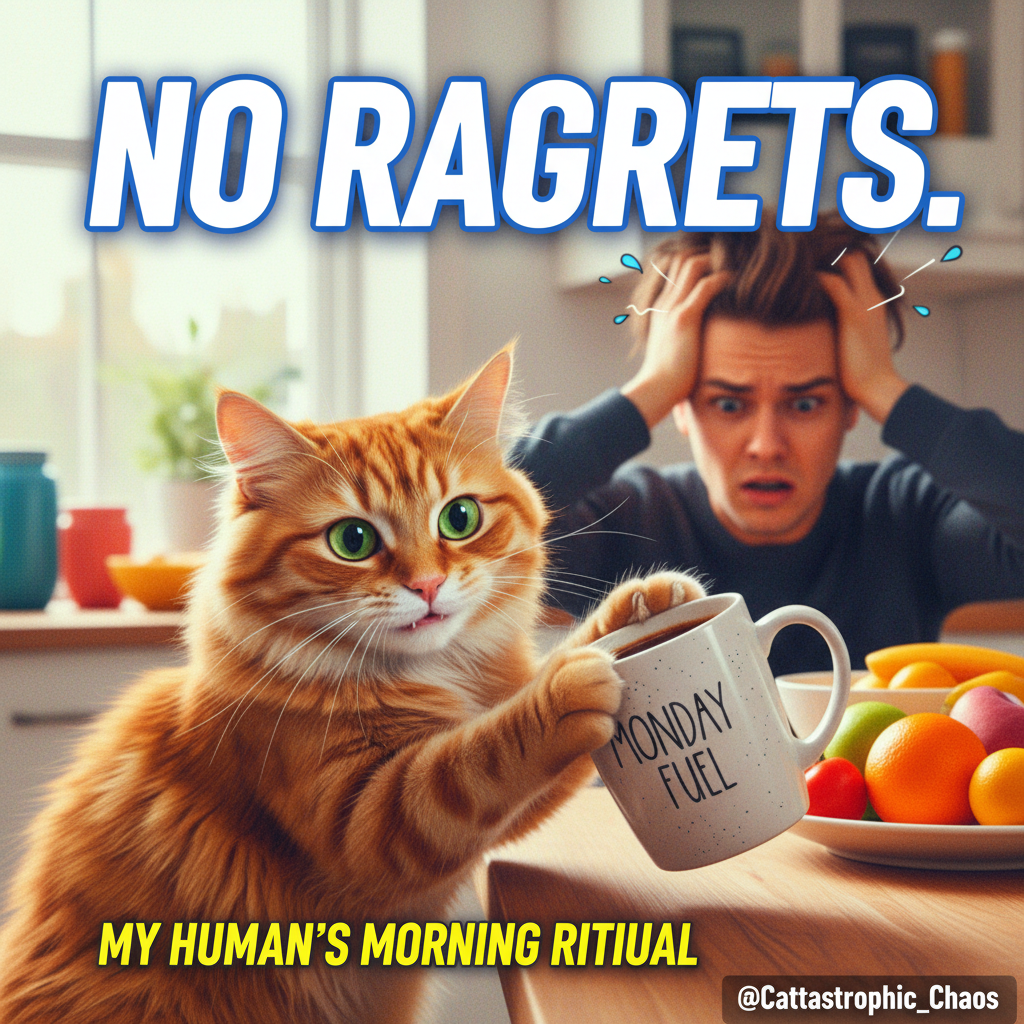 My cat just stared into my soul while slowly pushing my coffee mug off the table. Power move.