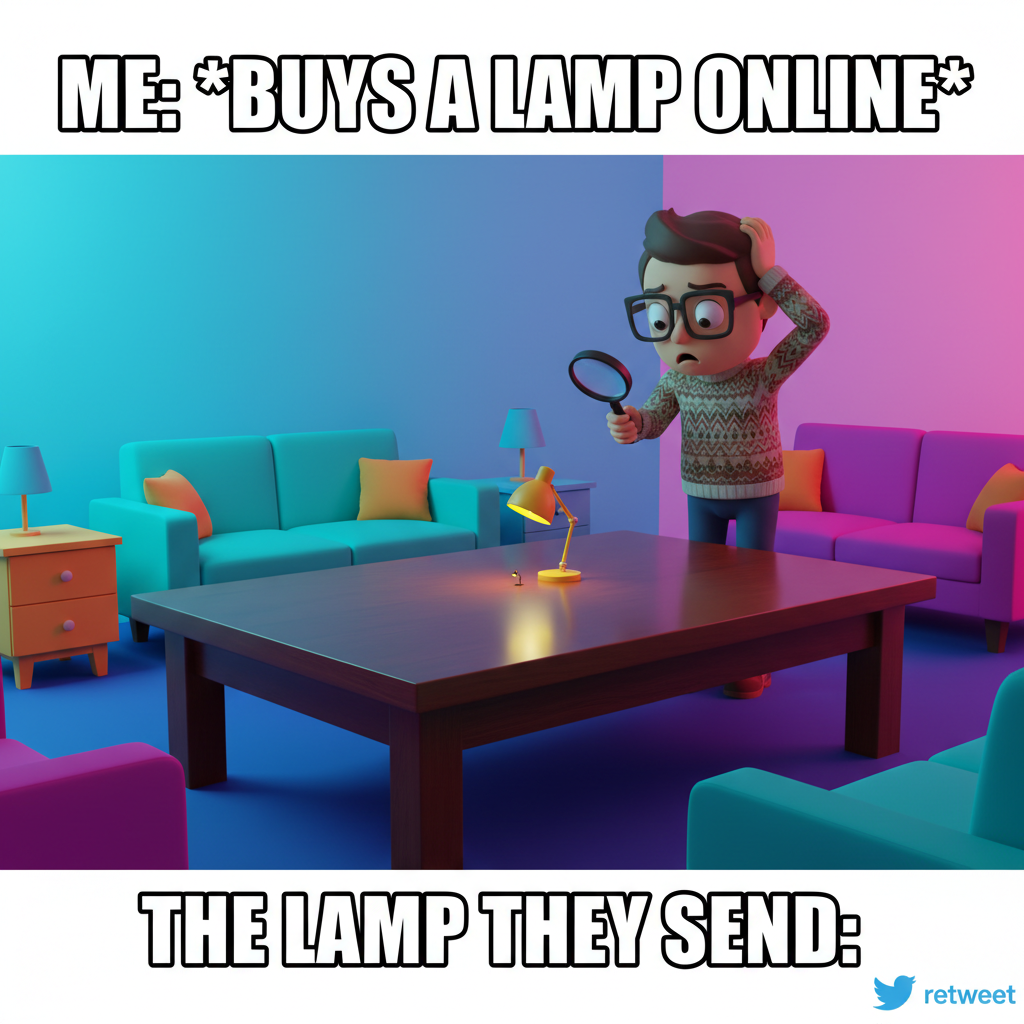 Bought a 'stylish' lamp online. It arrived. It's the size of my thumb. I'm suing for false advertising.