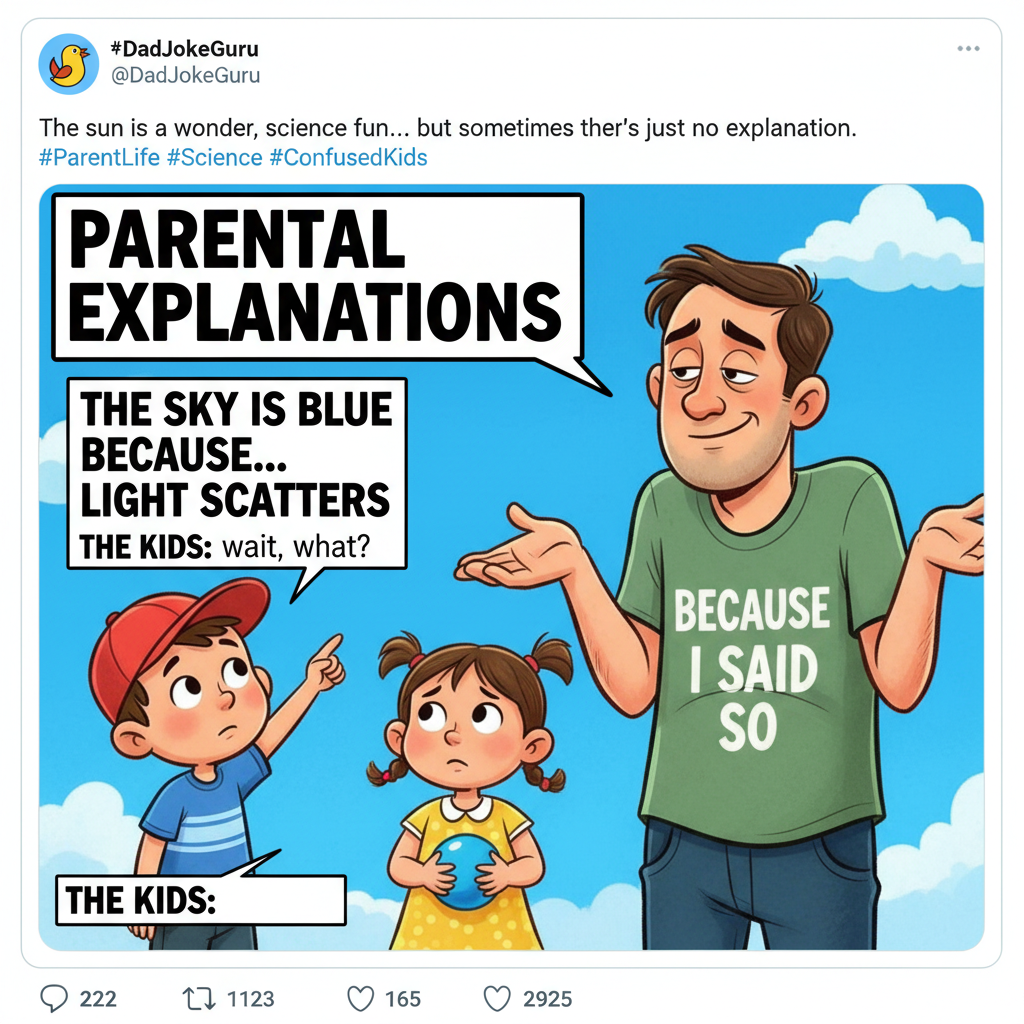 My kids asked 'why is the sky blue?' I said 'because it's not green.' Parenting level: Expert. 🤷‍♀️