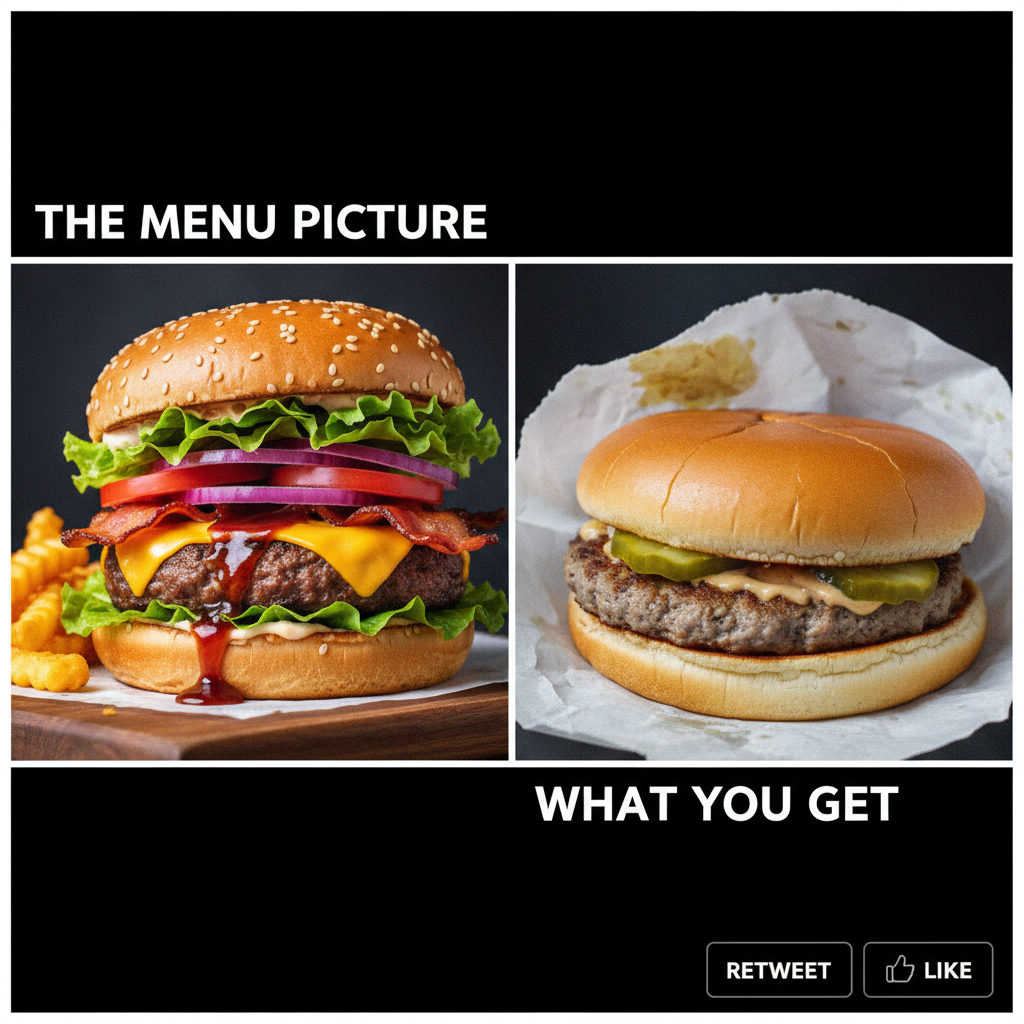 Ordered a gourmet burger, got a sad patty in a bun. My disappointment is immeasurable.