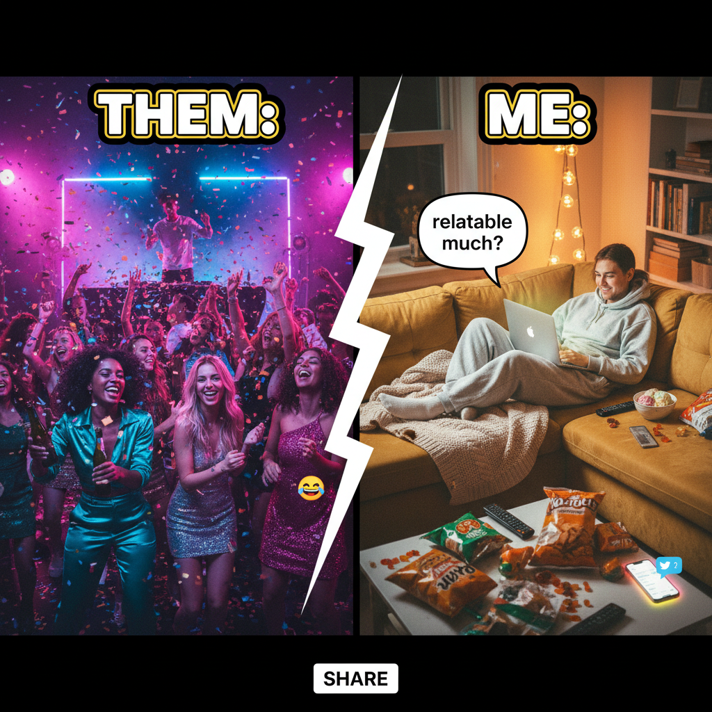 Friday night plans: wild party. Friday night reality: wild Netflix binge with snacks.