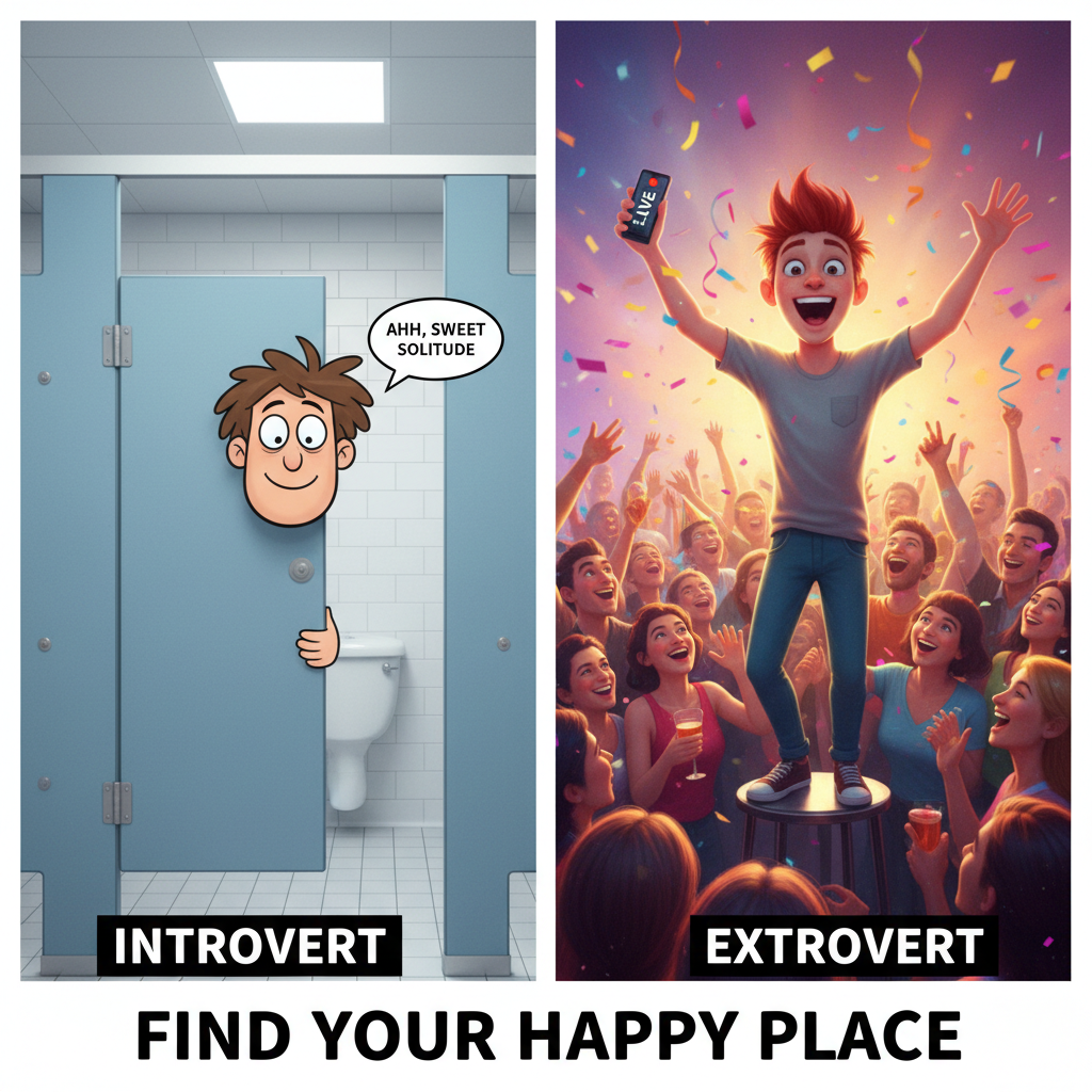 Introvert at a party: Recharge my social battery by hiding in the bathroom. Extrovert: Where's the afterparty?!