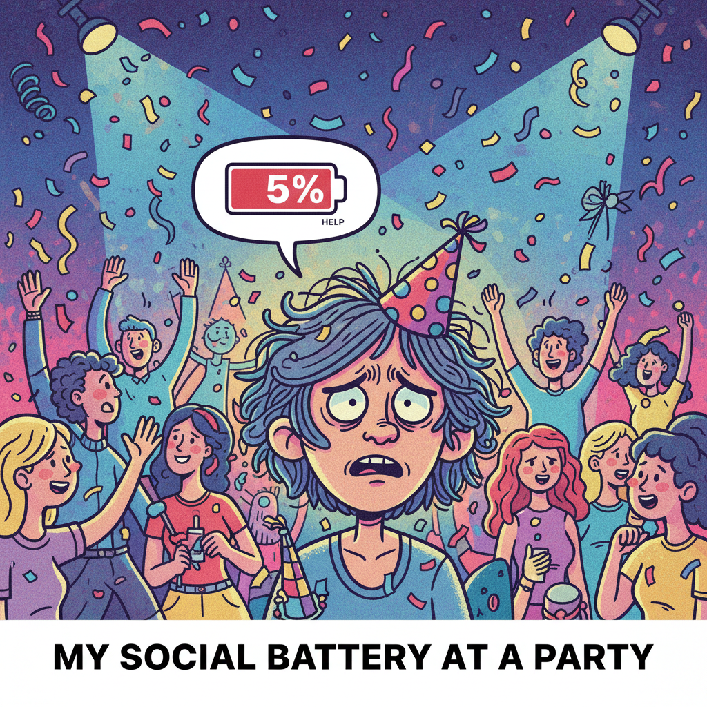 Introvert at a party: 'I've said my 3 sentences, time to go home and recharge.' 🔋