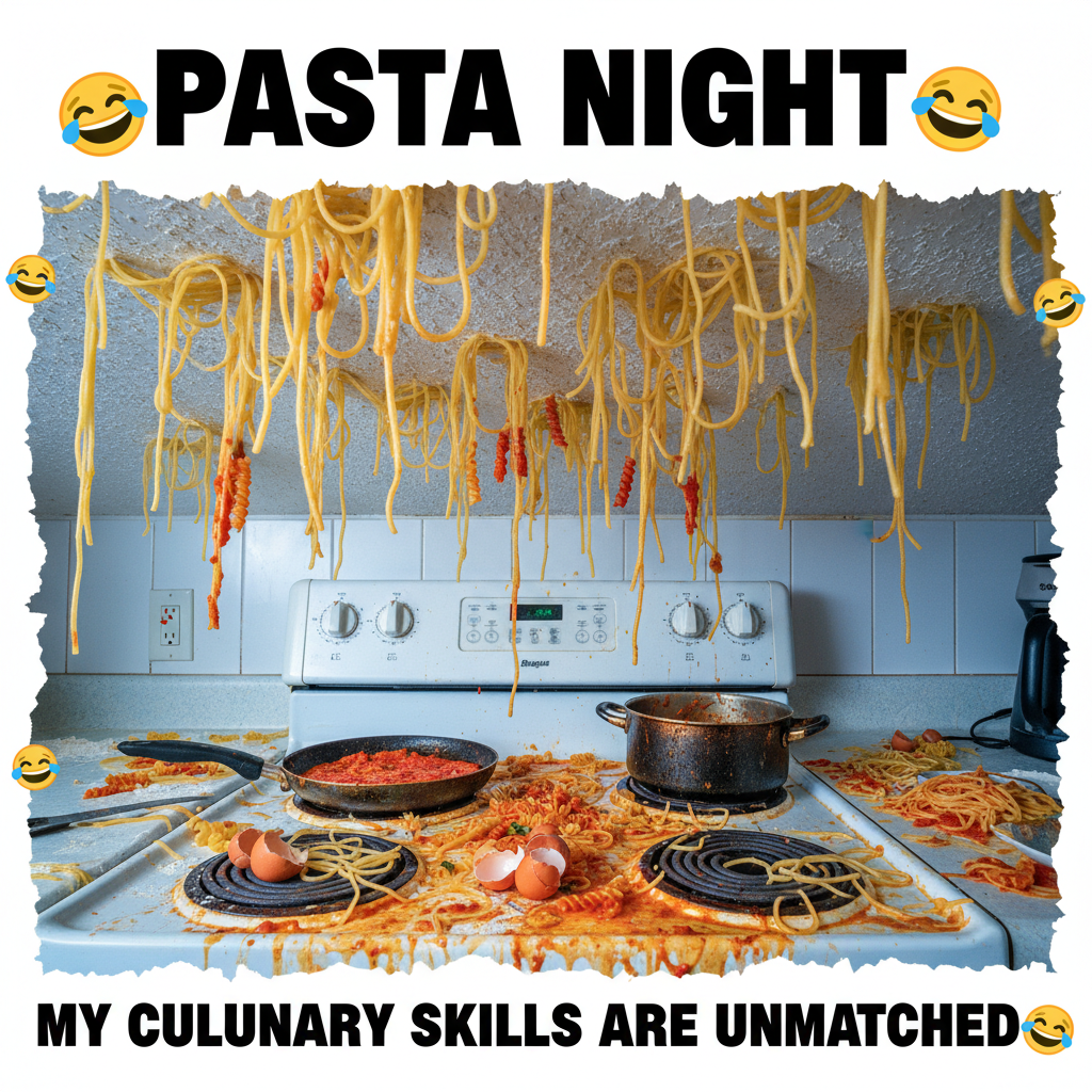 Attempted gourmet pasta. Ended up with pasta glued to the pan and the ceiling. Send help.