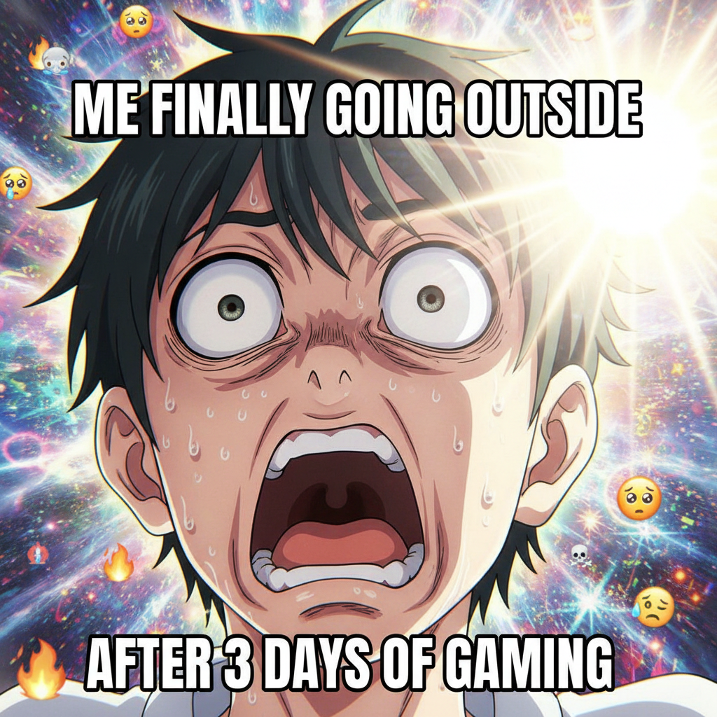 My face when my friend says 'let's go outside' after I've been binging anime for 12 hours.