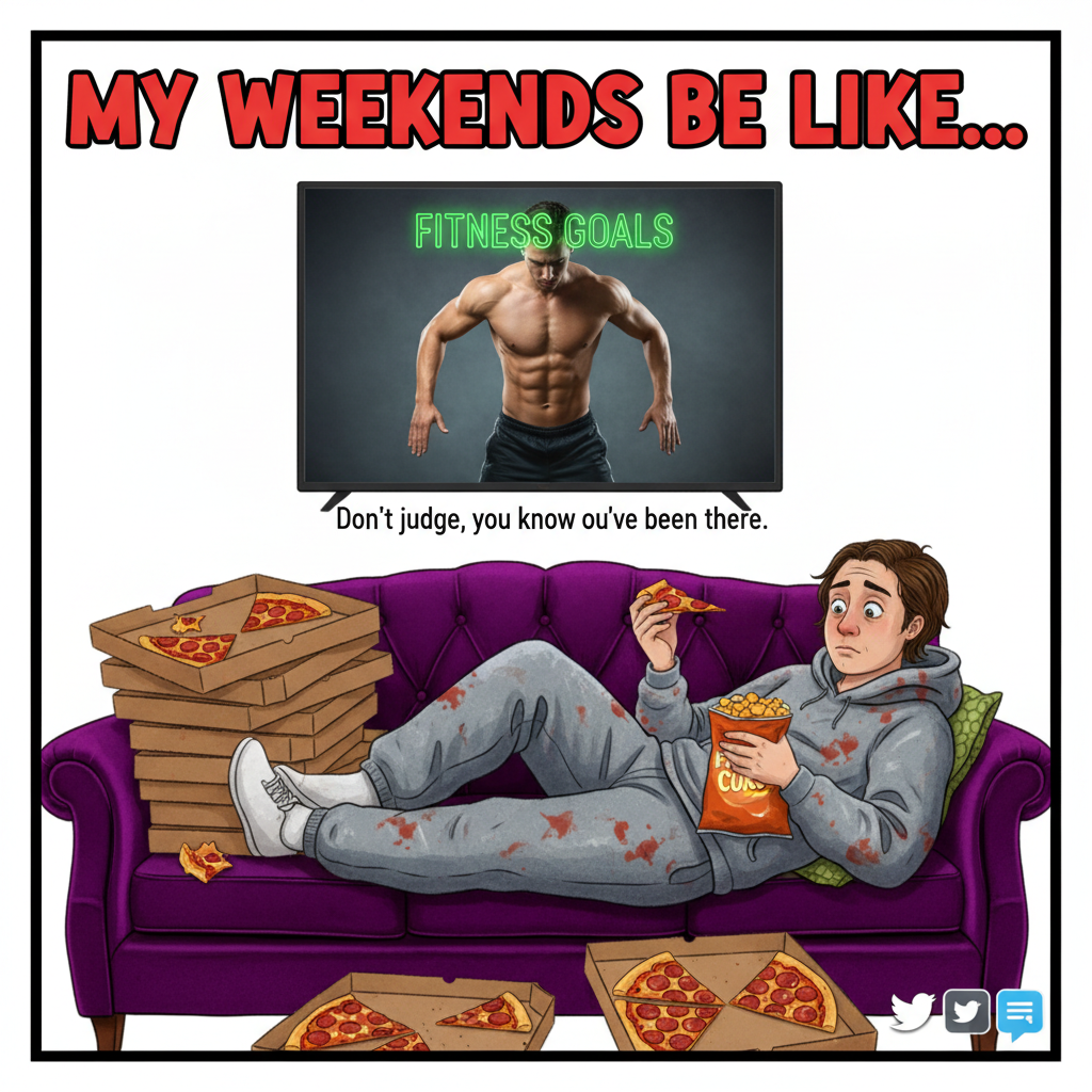 My New Year's resolution was to get fit. I just ate a whole pizza while watching a documentary about fitness.