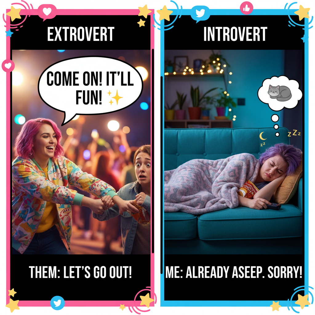 Extrovert: 'Let's go out!' Introvert: *pretends to be asleep* The eternal struggle.