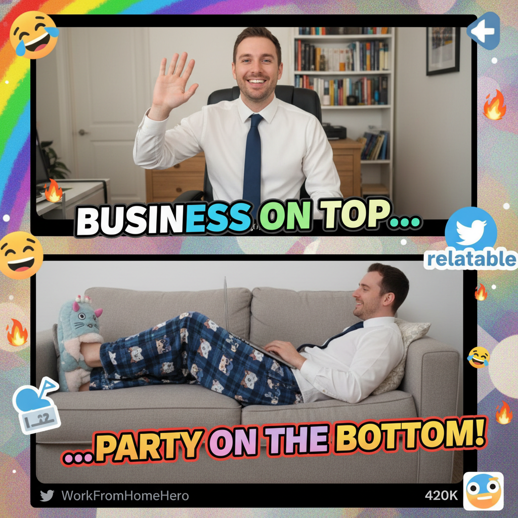 My WFH uniform: Business on top, pajama pants on the bottom. The ultimate power move.