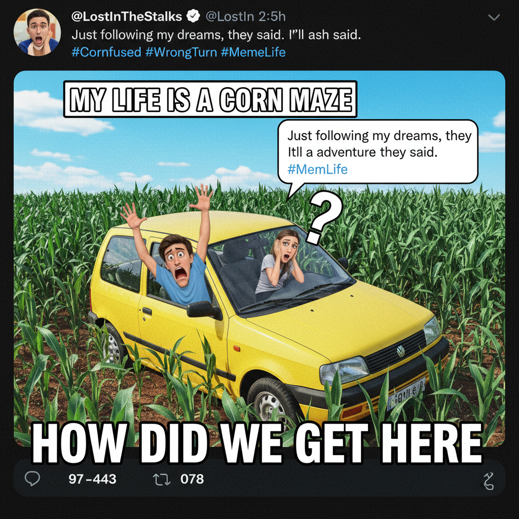 GPS said 'turn left,' my friend said 'turn right.' We're now in a cornfield. Send snacks.