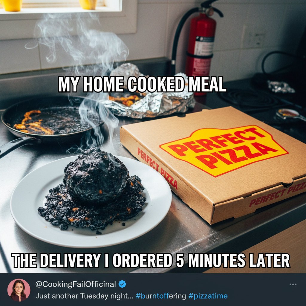 My 'gourmet' meal looks like a crime scene. Send help (and pizza).