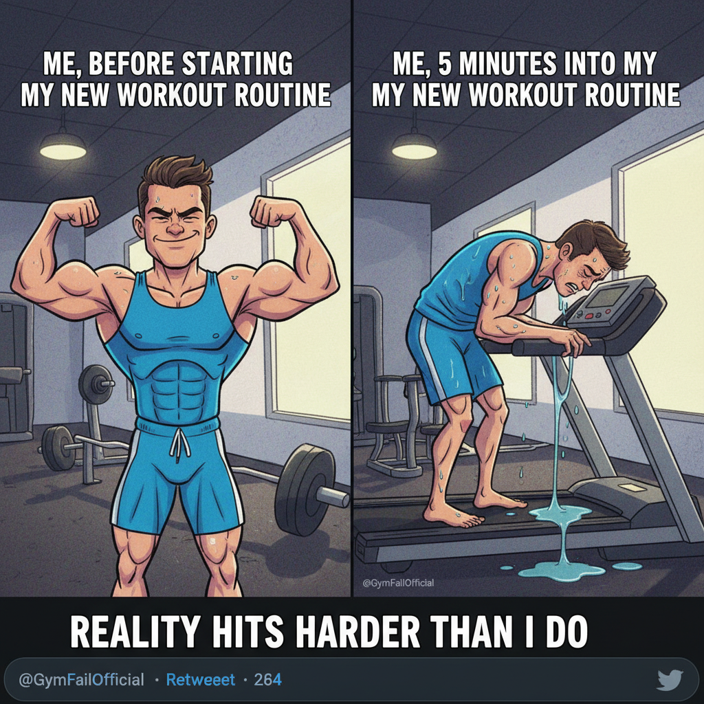 Me trying to look cool at the gym vs. me after 5 mins on the treadmill.