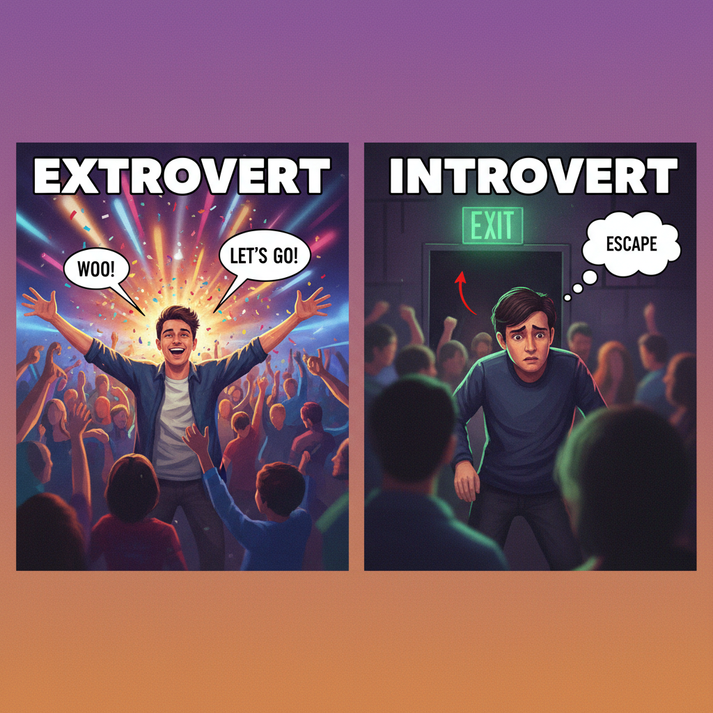 Extrovert: 'Let's go to that huge party!' Introvert: *already planning escape routes*
