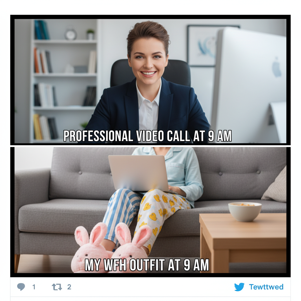 My WFH uniform is 50% comfy PJs, 50% 'can't see me on camera' top. Productivity levels: questionable.