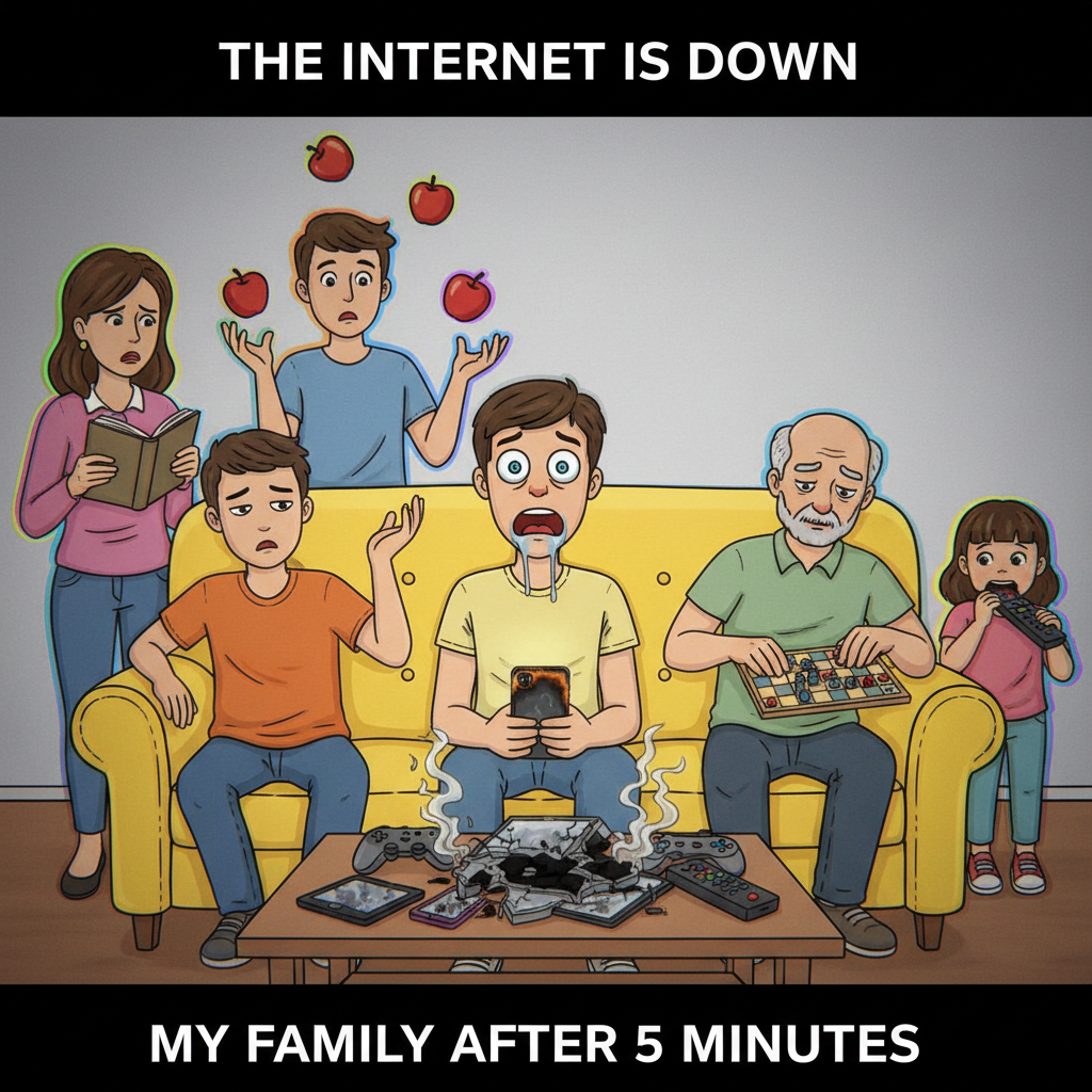 The WiFi went down. I'm now forced to interact with my family. Send help.