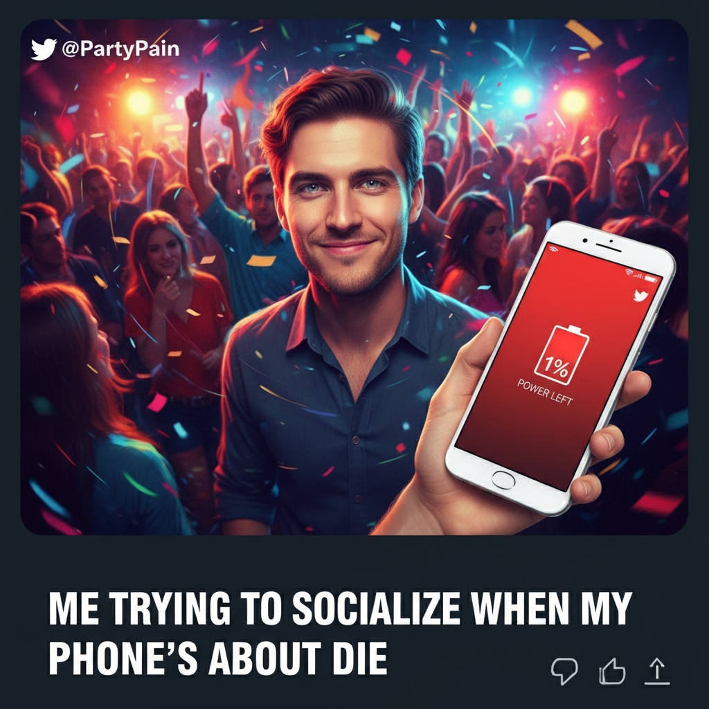 Introvert at a party: 'I've recharged enough social battery for 2 more minutes.'