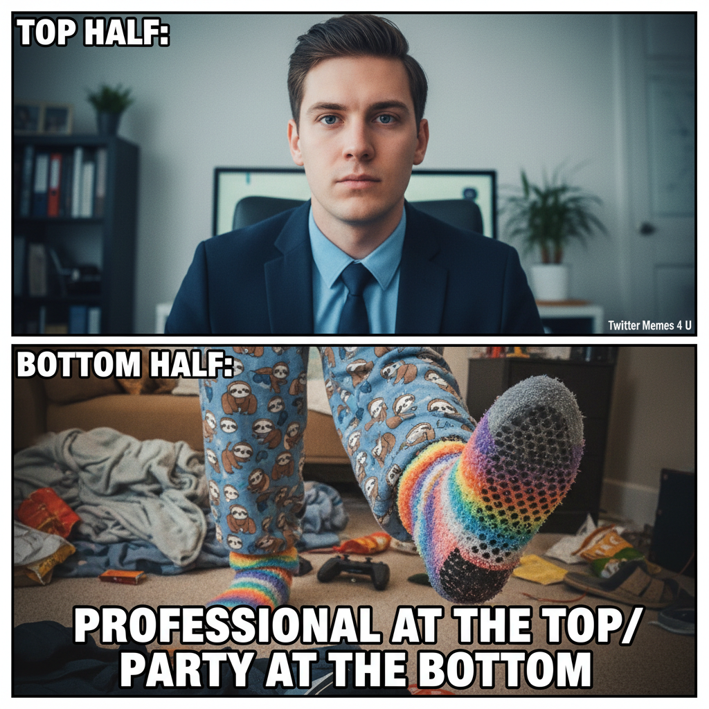 My WFH uniform: business on top, pajama pants and fuzzy socks on the bottom. The duality of man.