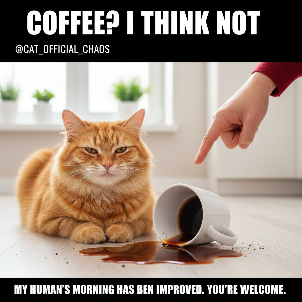 My cat just knocked my coffee off the table, then looked at me like *I* was the problem. The AUDACITY.