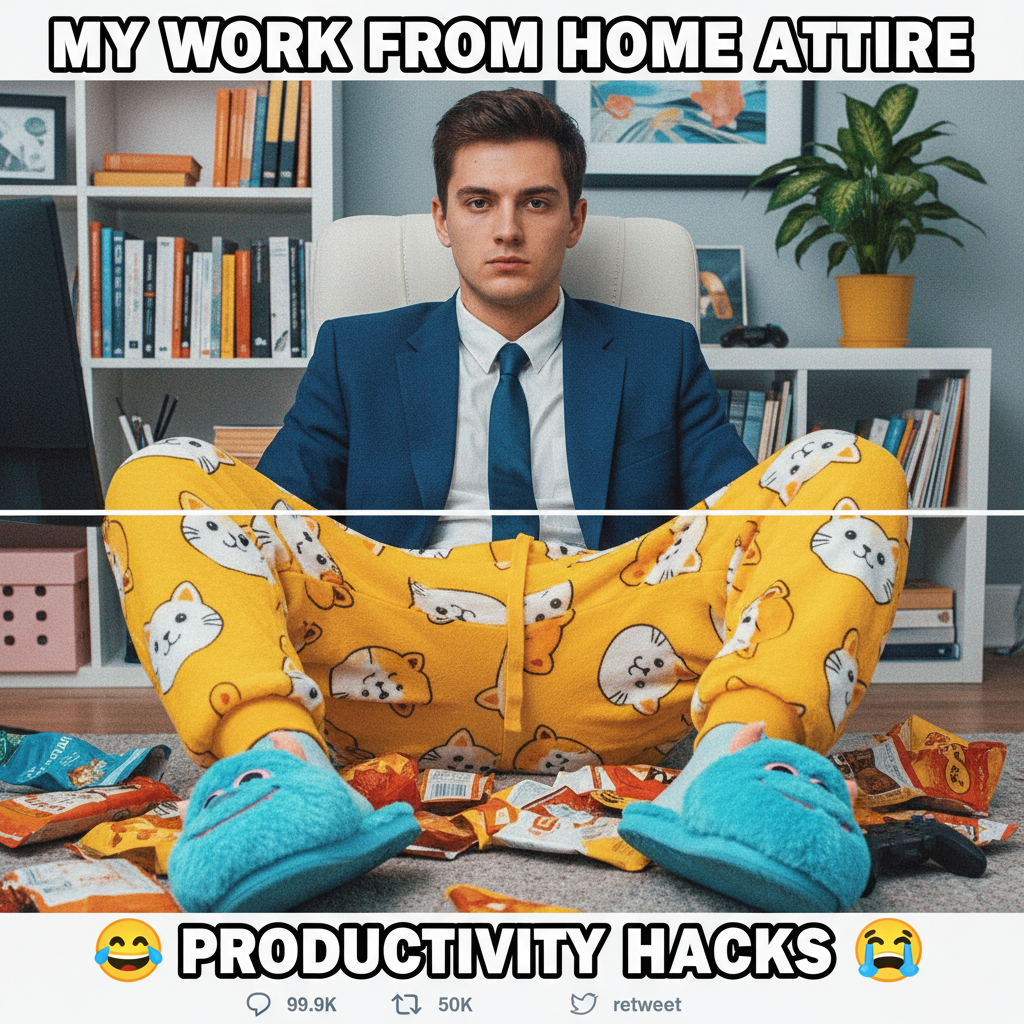 My 'work from home' uniform is 90% pajamas, 10% delusion.