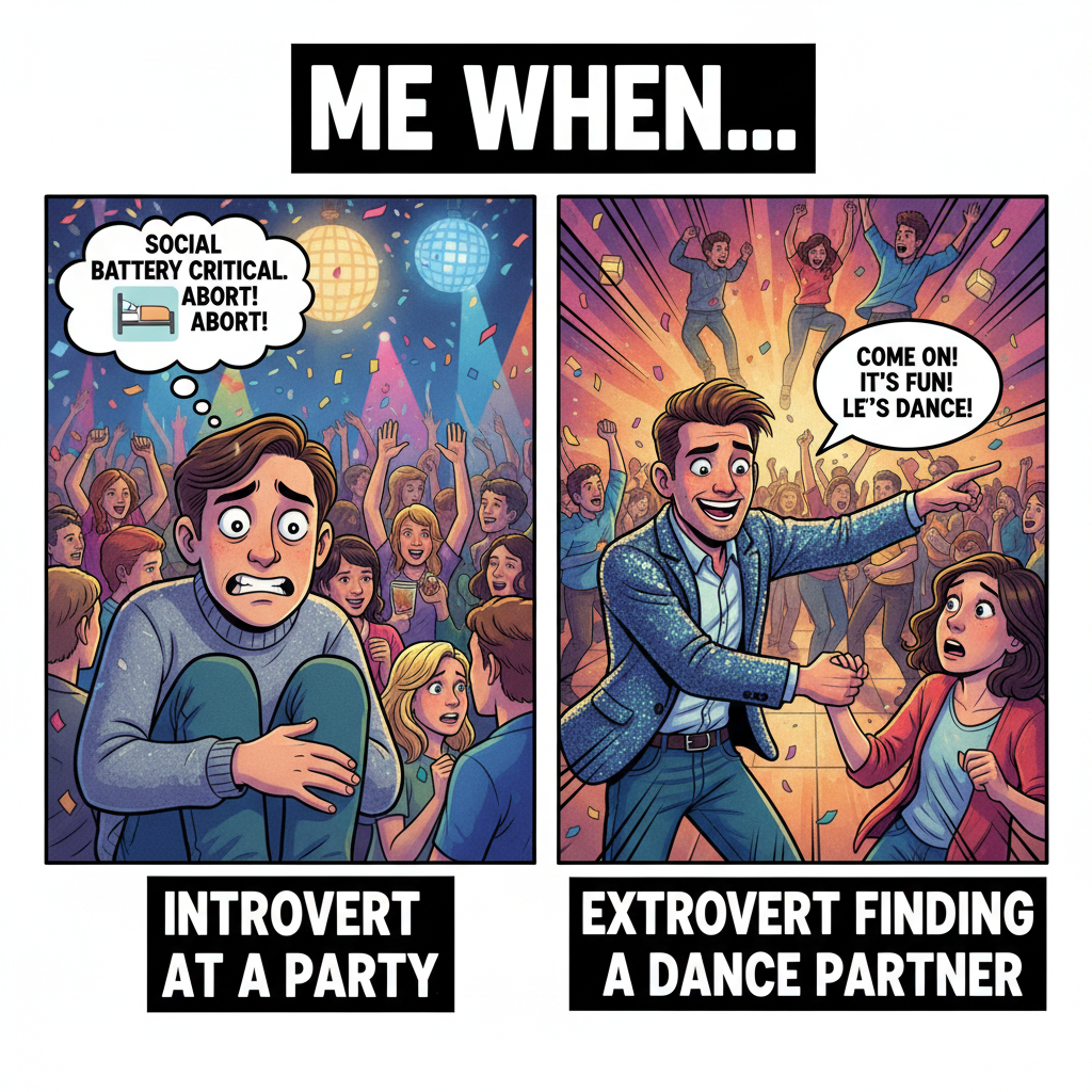 Introvert at a party: 'I miss my bed.' Extrovert: 'Let's go!'