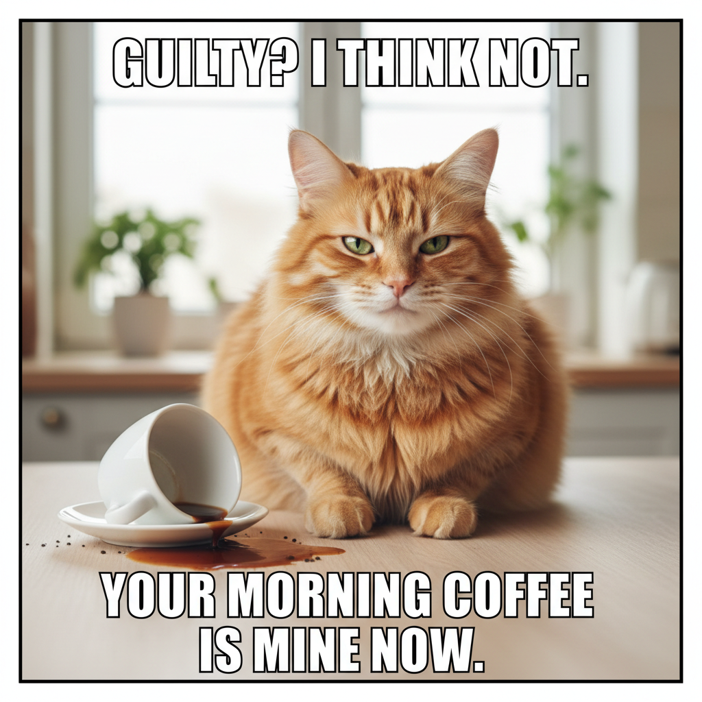 My cat just knocked my coffee over, then looked at me like *I* was the problem. The AUDACITY.