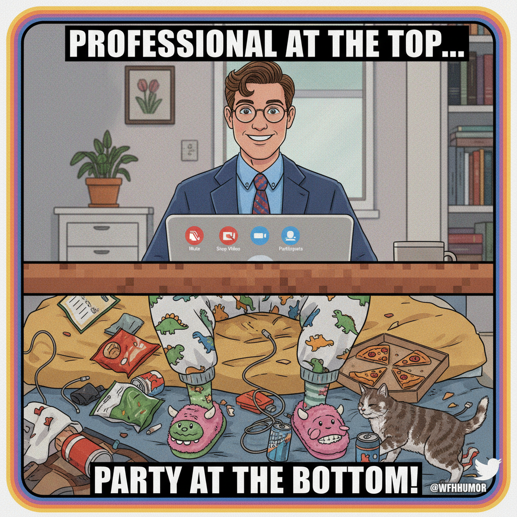 My 'work from home' outfit is 50% professional, 50% pajamas. The camera only sees the top half.