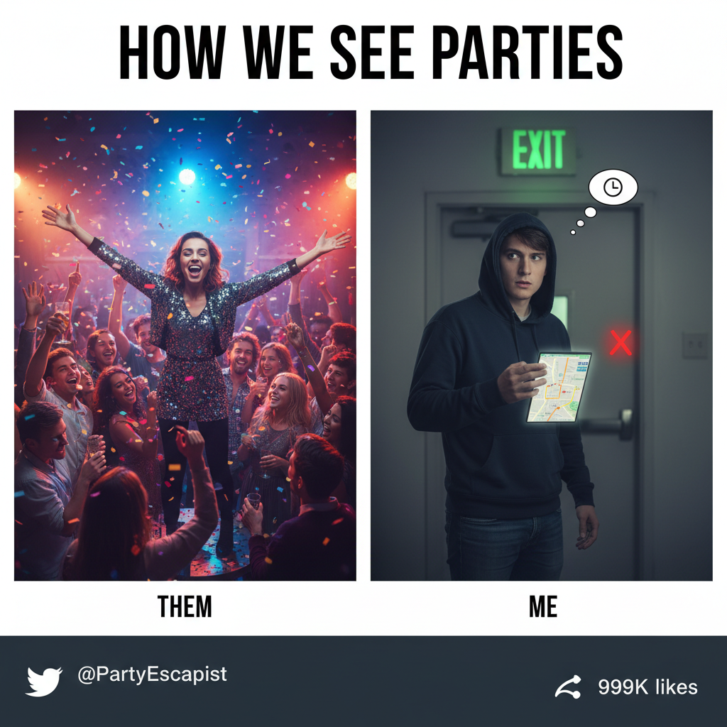 Extrovert: 'Let's go to that huge party!' Introvert: *already planning my escape route*