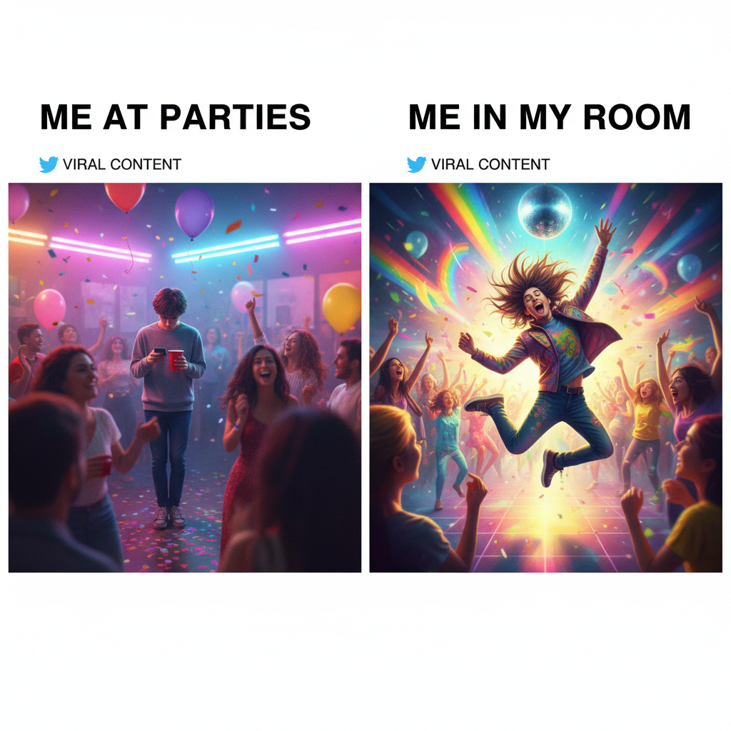 Introvert at a party: 'I'm just gonna stand here and absorb the vibes.' Extrovert: 'OMG, I LOVE THIS SONG!'