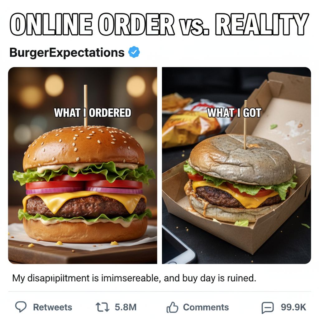 Ordered a 'gourmet' burger. Got a sad patty on a deflated bun. My disappointment is immeasurable.