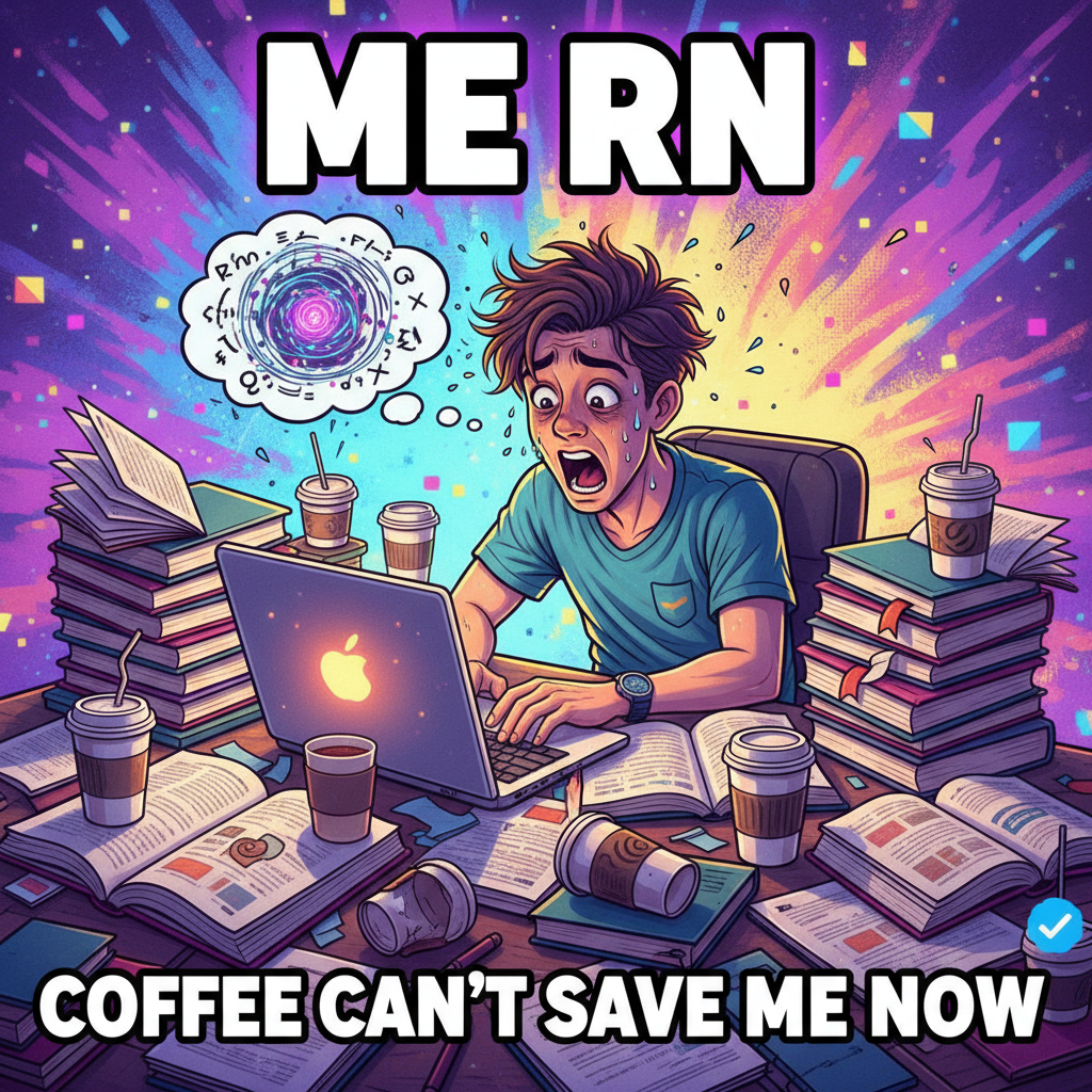 My brain during exam season is 90% caffeine, 10% panic, 0% actual knowledge.