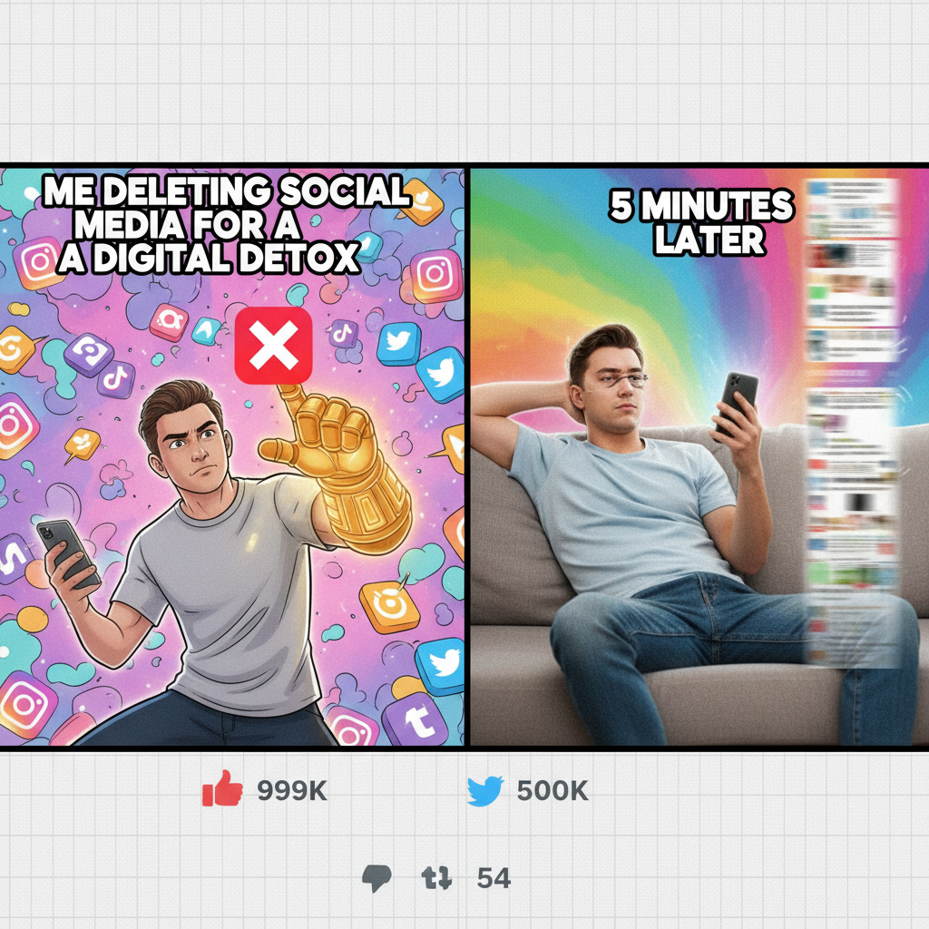 Me: 'I'm quitting social media.' Also me, 5 mins later: *refreshes feed*