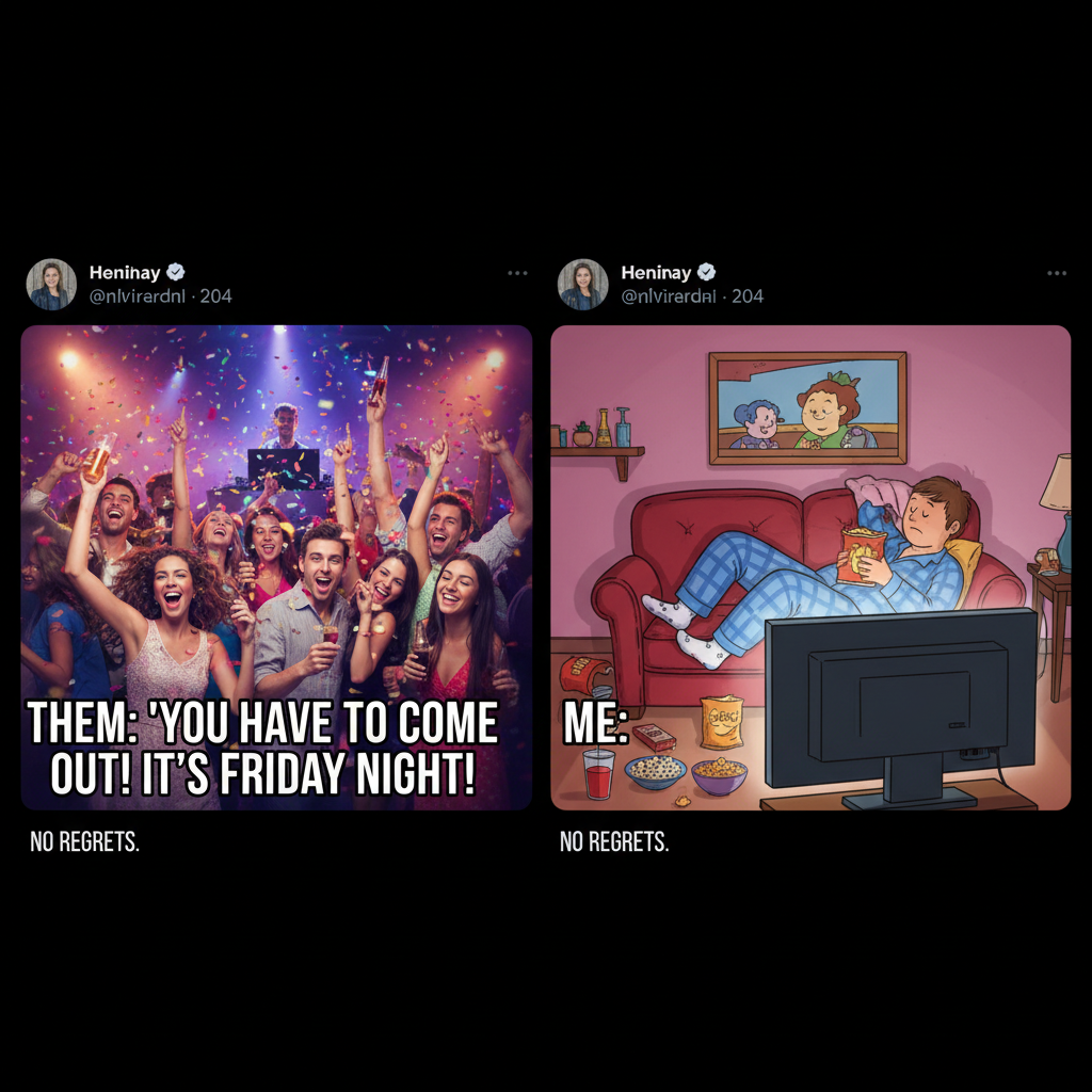 Friday night plans: 'Go out!' Reality: 'PJs, snacks, and questionable life choices on Netflix.'