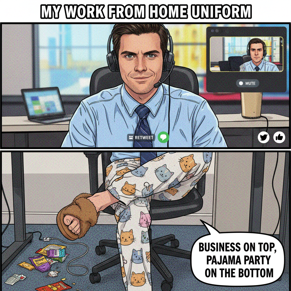 My 'work from home' outfit is 50% professional, 50% pajamas. The camera only sees the top half. #WFHLife