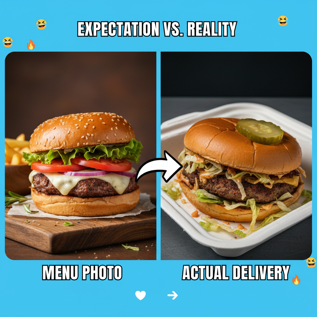 Ordered a gourmet burger, got something that looks like it lost a fight. #FoodDelivery