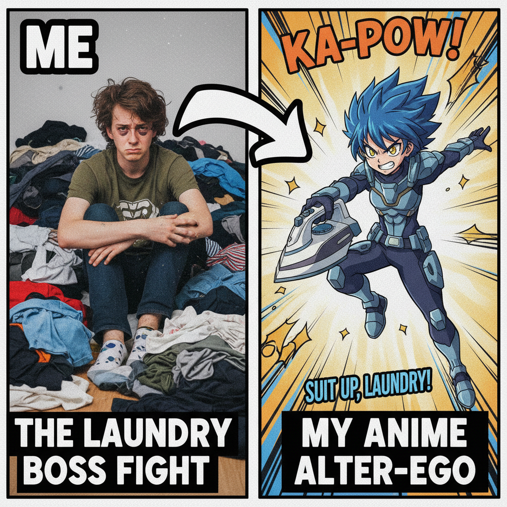 Me trying to adult vs. my anime protagonist alter ego: 'I will overcome this mountain of laundry!'