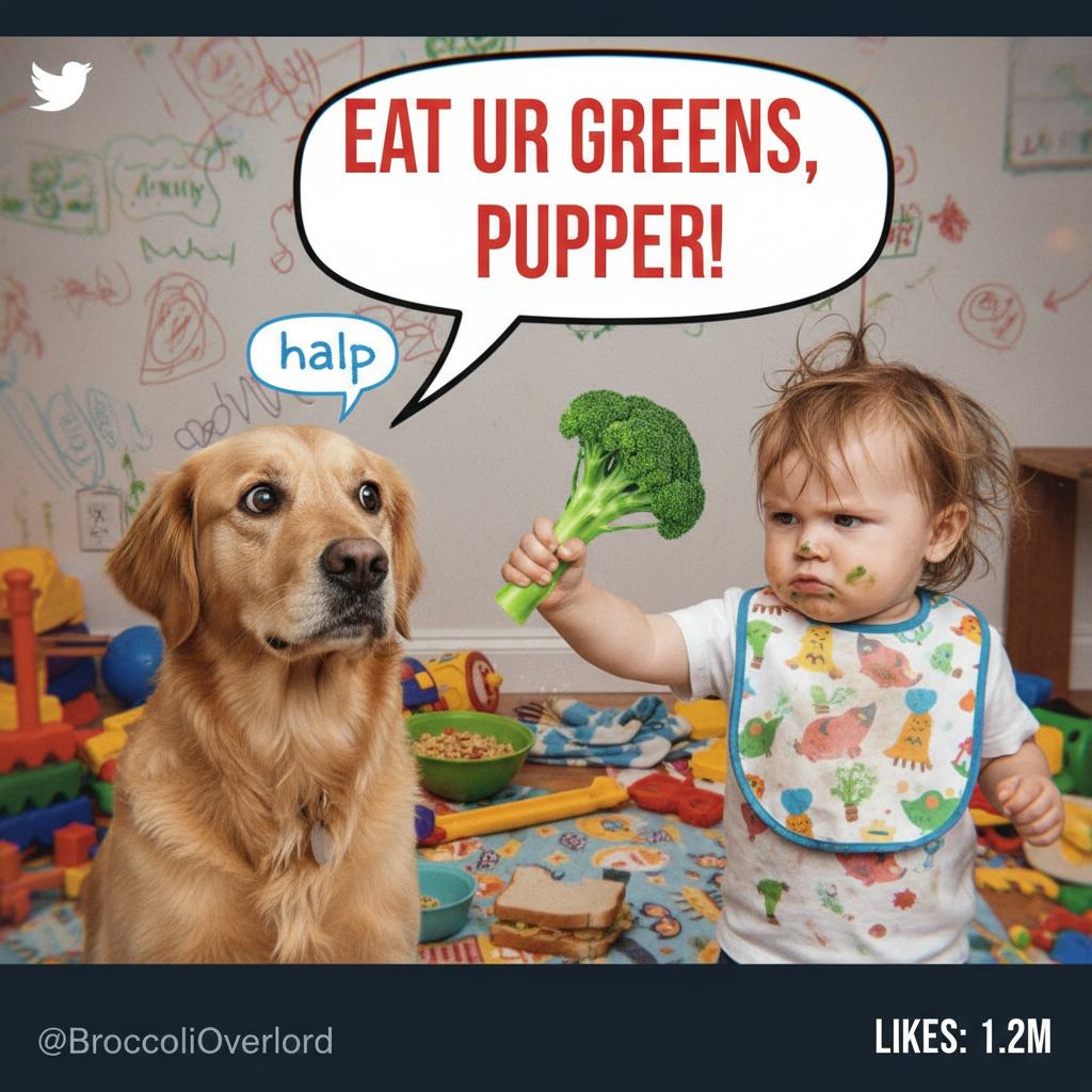 Just found my toddler trying to 'feed' the dog broccoli. Send help.
