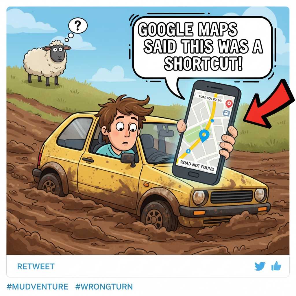 GPS said 'turn left'. I turned left. We are now in a field.