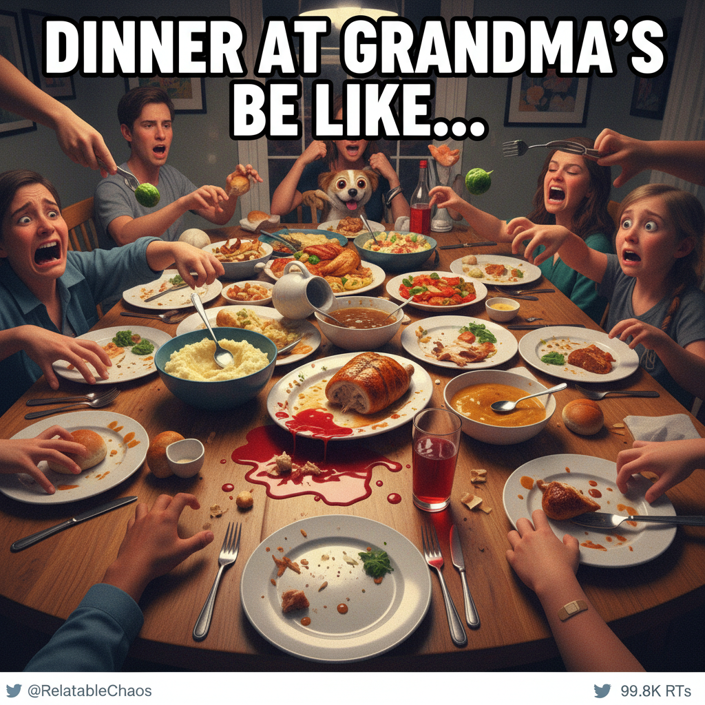 Holiday dinner: where 'pass the gravy' becomes an extreme sport.