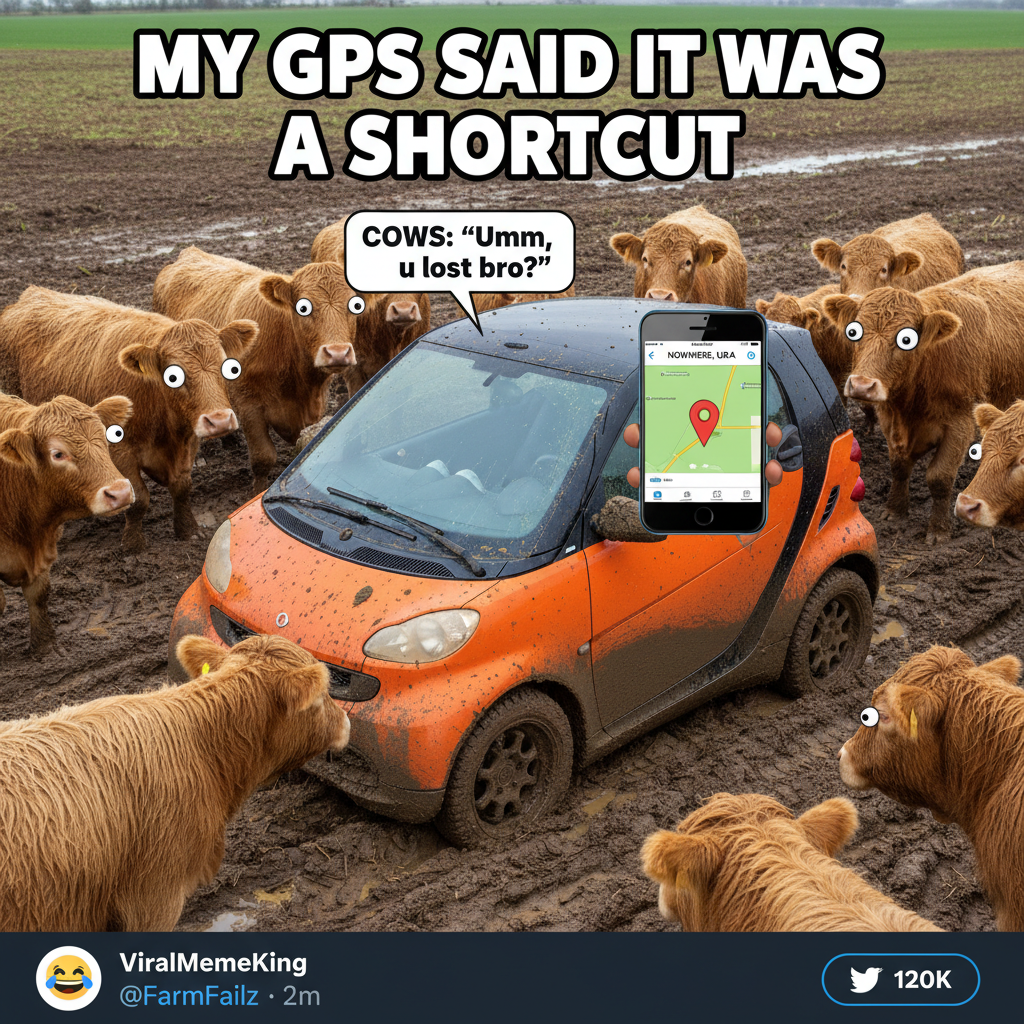 GPS said 'turn left'. I turned left. Now I'm in a cow pasture. 10/10 would recommend.