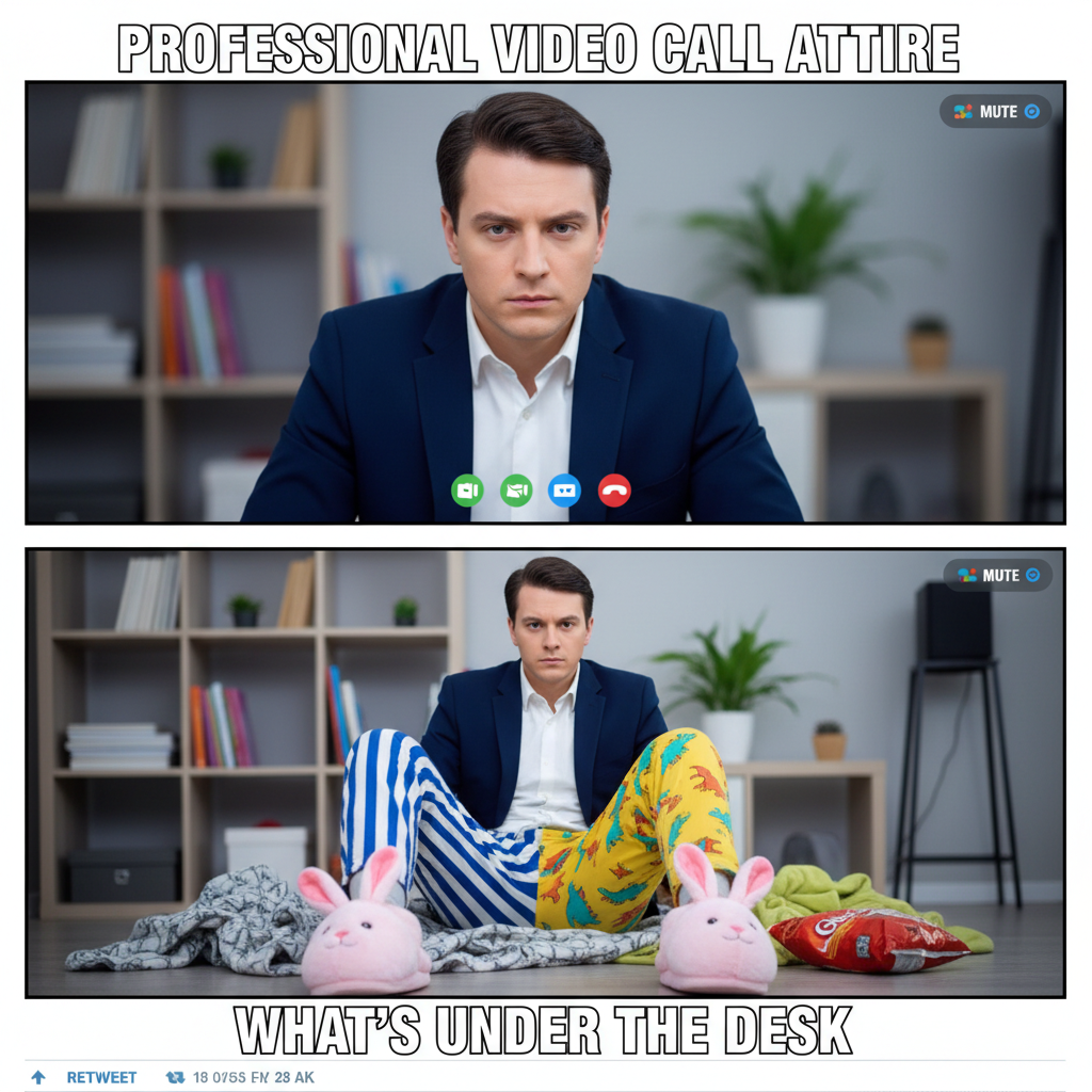 My WFH outfit: Business on top, pajama pants and fuzzy socks on the bottom. Productivity levels: 📈