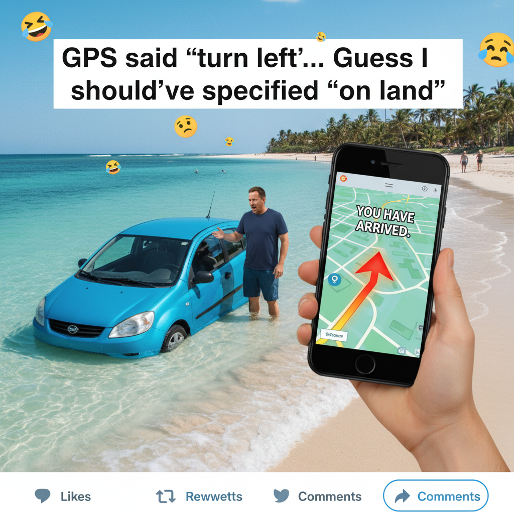 GPS: 'In 50 feet, turn left.' Me, already in the ocean: 'You sure about that, chief?'