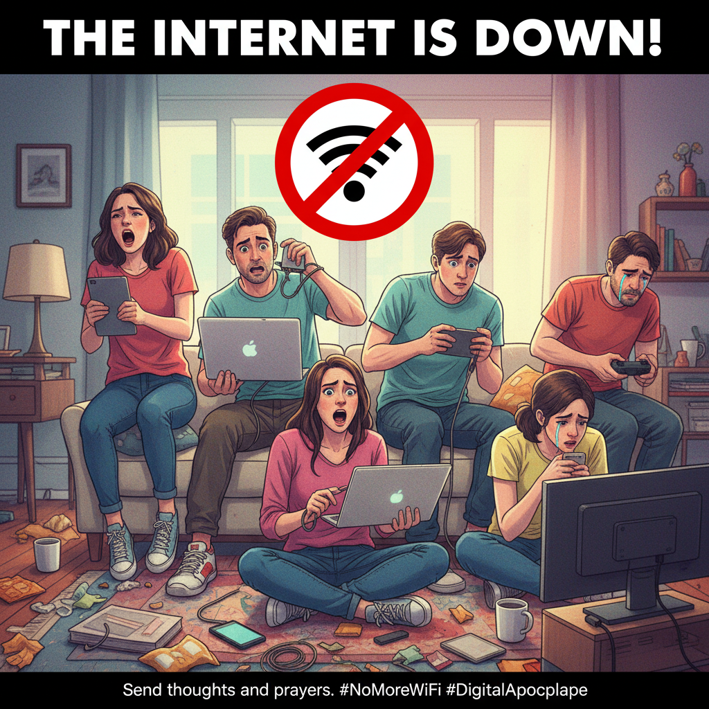 The exact moment the WiFi goes down and you remember what silence sounds like. Pure chaos.