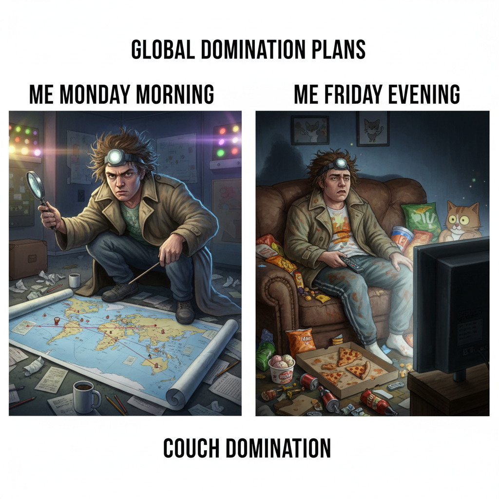My Friday night plans: World domination. My Friday night reality: Domination of the couch.