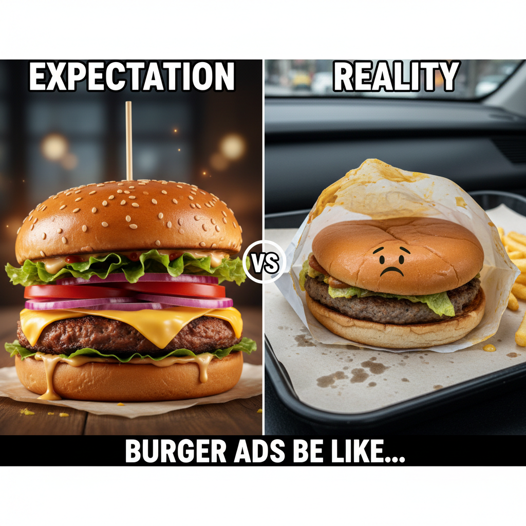 My food delivery: gourmet ad vs. sad reality. Send help (and fries).