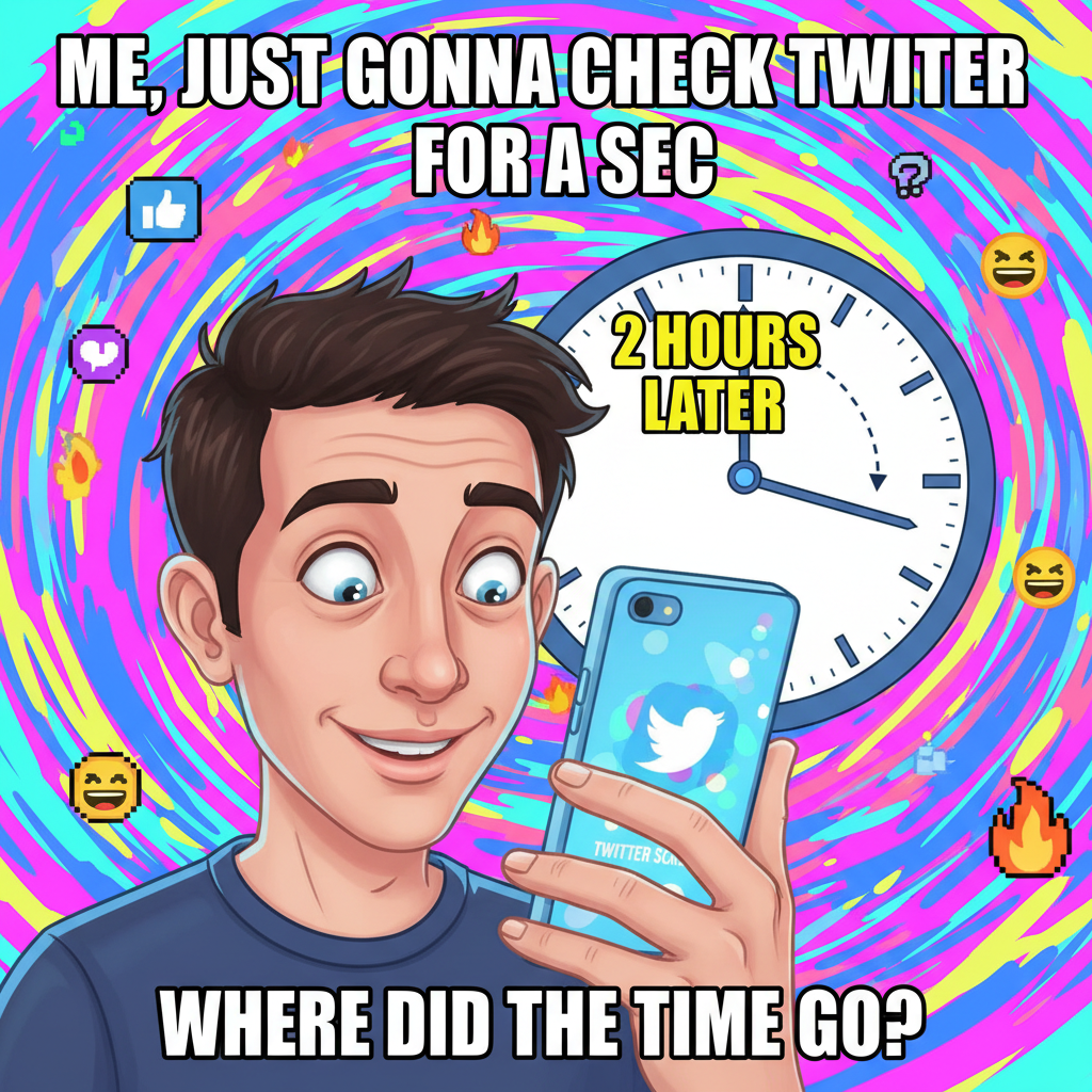 Me: 'I'll just check Twitter for 5 mins.' *2 hours later, scrolling through ancient memes*