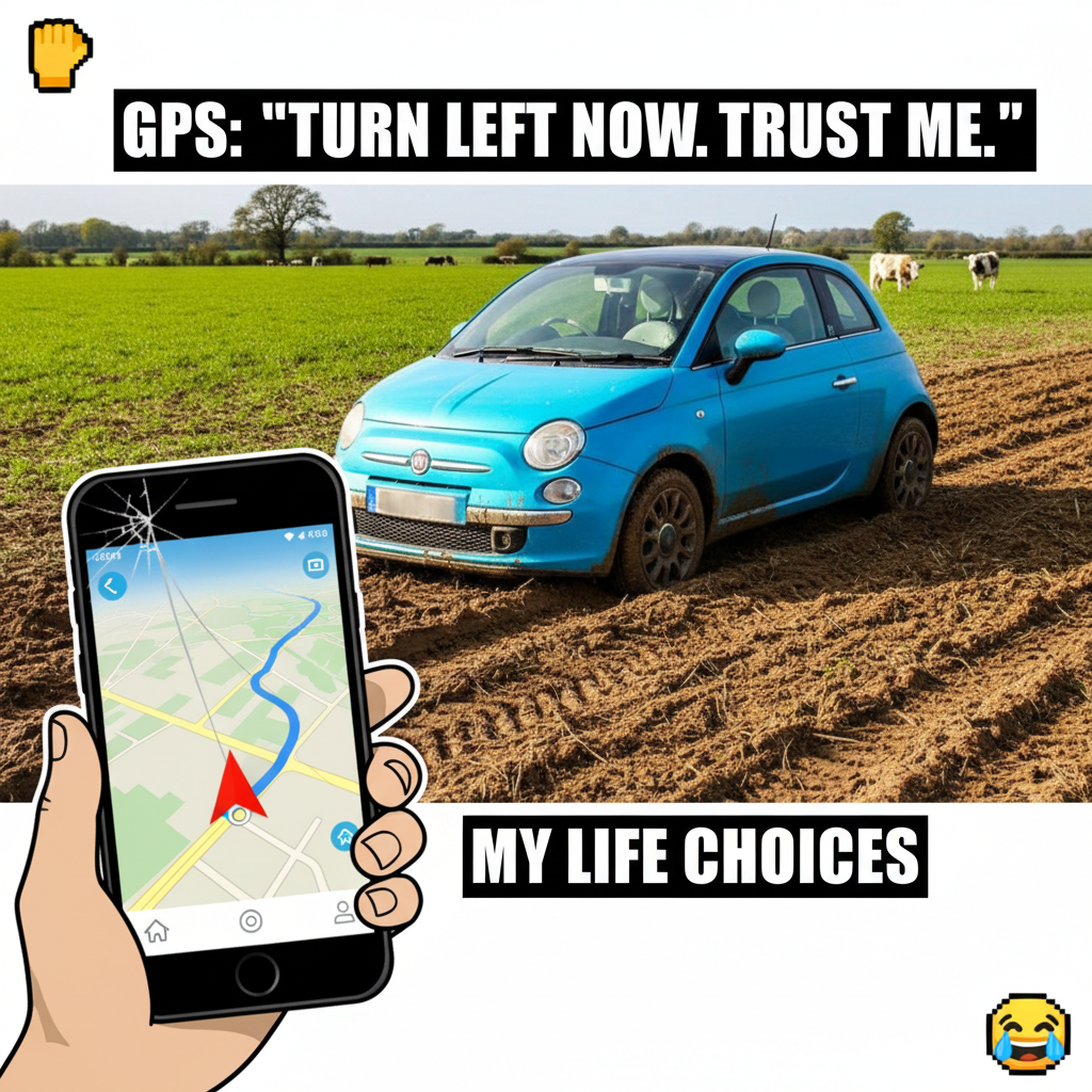 GPS said 'turn left in 500 feet.' We're now in a field. Thanks, Siri.