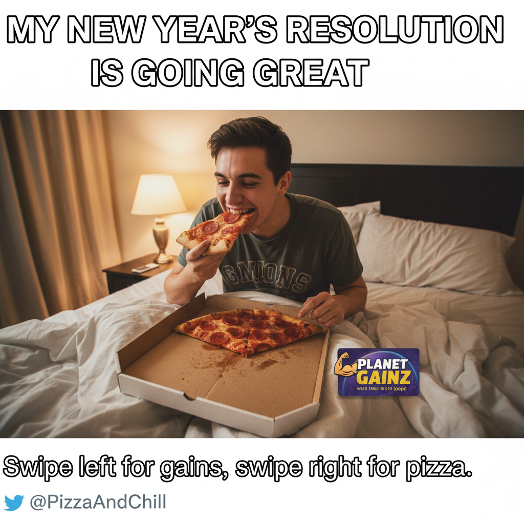 My New Year's resolution was to go to the gym. It's Jan 3rd and I'm eating pizza in bed.